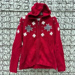 Y2K Eddie Bauer Lambswool Fair Isle Quilt Barn Star Snowflake Hooded Cardigan LG